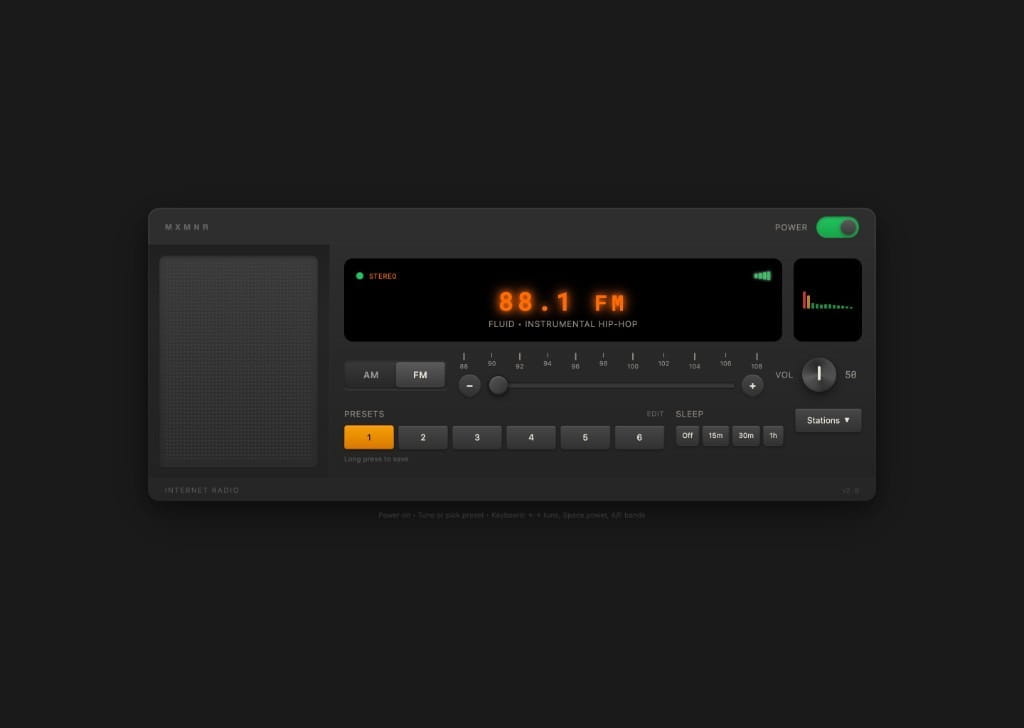 Radio desktop, dark mode